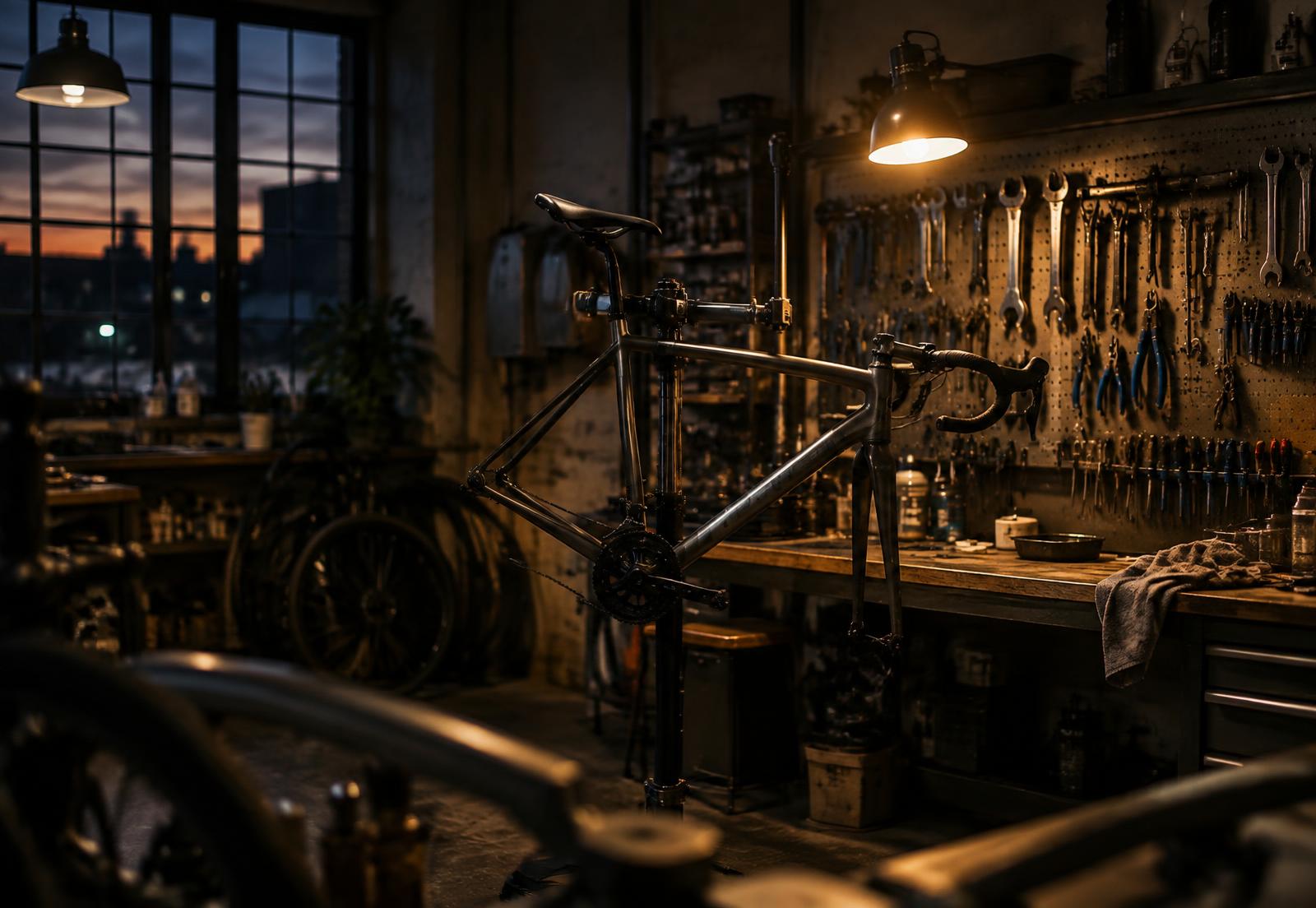 Bike in a repair stand inside the Spoke & Sparrow workshop at dusk